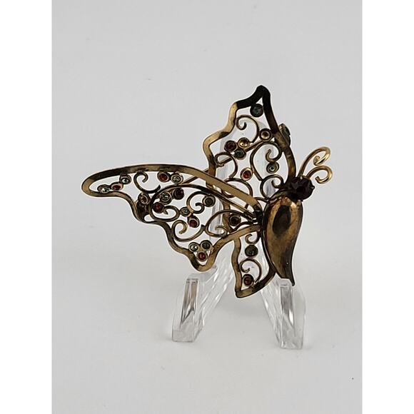 Vintage Regel 12K Gold Filled Butterfly Brooch 2" Filigree Rhinestone Pin - Picture 2 of 9